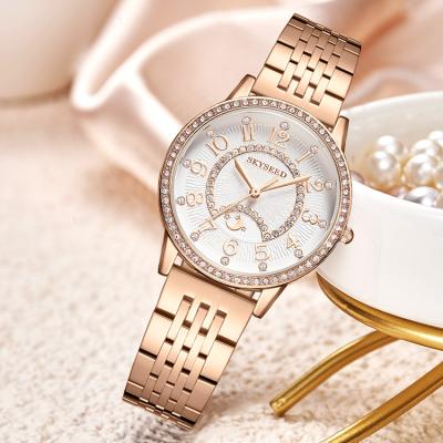 China Multifunctional Waterproof Stainless Steel Chronograph Quartz Strap Gold Case Diamond Moon Ladies Quartz Watch Gift for sale