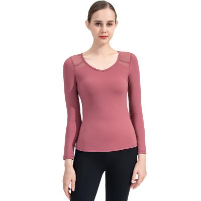 China Lulu Lemon Fashion Neck Yoga Top Mesh Design Fitness Stylish Round Yoga Suit Built-in Bra Women's Long Sleeve T-shirt OEM for sale