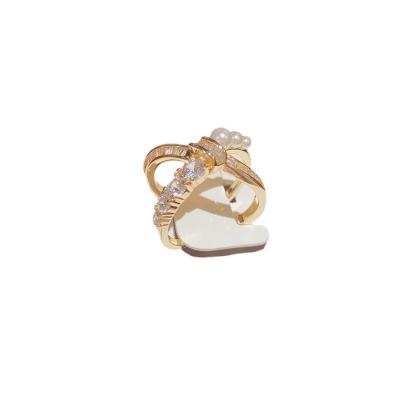 China Double Layer Cute Fashion Pearl Cross Ring Personality Knotted Opening Ring Sense Light Luxury Inlaid Upper Accessories for sale