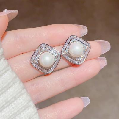 China FASHIONABLE Silver Diamond Pearl Earrings Exquisite Fashion Zircon Micro-inset Zircon Needle S925 Lightweight Luxury Elder for sale