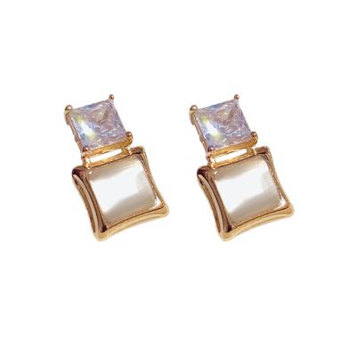 China Trendy Temperament S925 Simple Silver Needle Zircon Fashion Light Luxury Personality Opal Square Earrings for sale