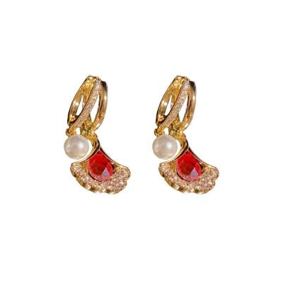 China FASHIONABLE light luxury atmosphere all temperament red Zircon Ginkgo Biloba CIA earrings with the same style for sale