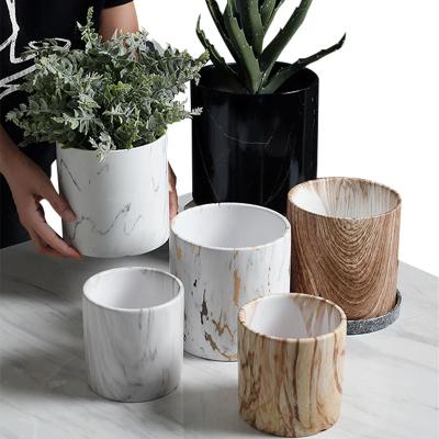 China Modern Redeco 2023 Durable Cute Pots With Tray Marble Veins Flower Pot Ceramic Garden Pots For Garden Supplies for sale