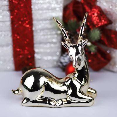 China Wholesale Christmas Home Decor Redeco Christmas Silver Plating Ceramic Standing Reindeer Christmas Figurine Ornament for sale