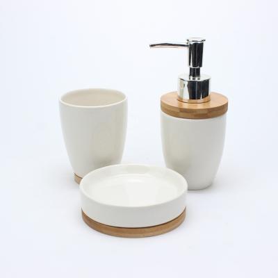 China Sustainable Set of 3 Bamboo and Ceramic Bathroom Accessories Set Bathroom Set for Bath Decoration for sale