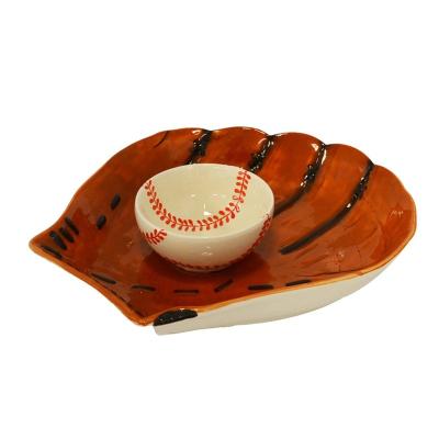 China Durable Ceramic Baseball Glove Chip And Dip Set Serving Chip And Dip Bowl for sale