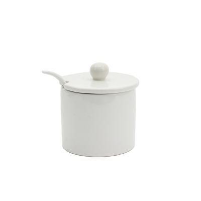 China Viable White Ceramic Sugar Pot With Elegant Spice Ceramic Pot Spoon Cover Designs Kitchen Helper for sale