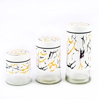 China Sustainable Wholesale Cabinets 3 Pieces Set White Marble Texture Round Salt Shaker Spice Storage Jars for sale