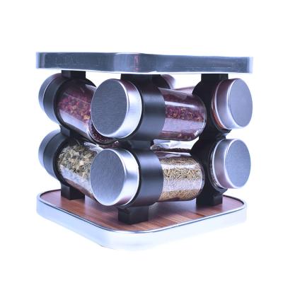 China 8pcs Wooden Kitchen Spice Storage Jars Set With Condiments Rotating Storage Racks Rack For Cabinet for sale