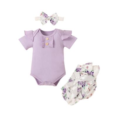 China Mudkingdom Toddler Girl Casual Lilac Knitted Ribbed Cotton Ruffled Sleeve Baby Bow Short Overalls 3 Pieces Floral Shorts Daily Outfit for sale