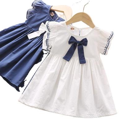 China 2022 Summer Anti-wrinkle beautiful bow A word skirt for children embroidered short sleeve dance dress for sale