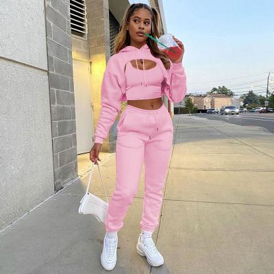 China K21S07513 Viable Fall 2021 Women Clothes Solid Long Sleeve Crop Top Sweatpants And Hoodie Set Women's Sets for sale