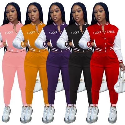 China Viable Contrast Color Letter Woman Jogger Set With Pockets Two Piece Crop Top And Pants Female Outfits for sale