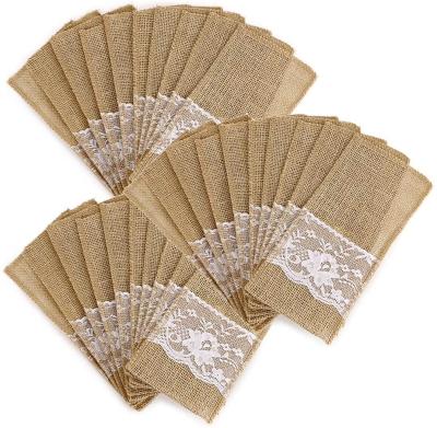 China Rustic Natural Burlap Lace Rustic Natural Lace Wedding Party Flatware Holder Vintage Flatware Holder Canvas Pouch for sale