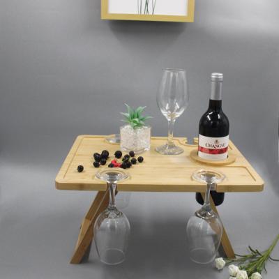 China Modern Outdoor Wooden Bamboo Picnic Snack Table Folding Portable Table Stand with Wine Rack and Wine Glass Holder for sale