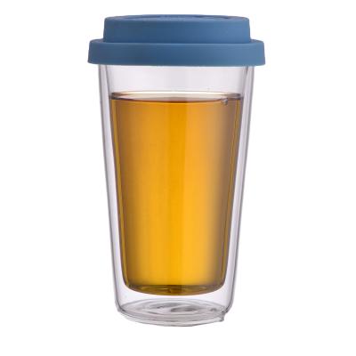 China High Sustainable Borosilicate Double Wall Glass Water Tumbler With Lid For Tea And Coffee for sale