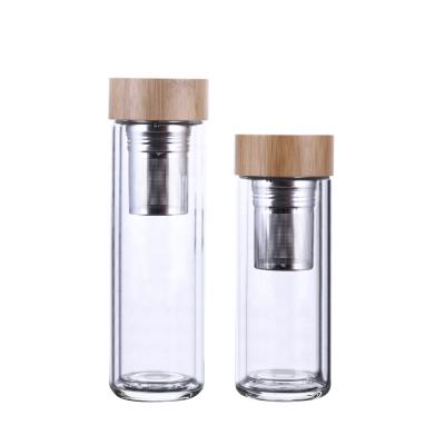 China Sustainable bamboo high temperature resistant double-layer bottom cover high borosilicate glass portable vacuum flask for sale