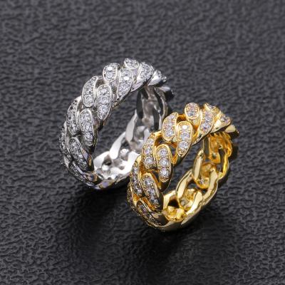 China Hiphop Hip Hop Cuban Zircon Ring 8mm Chain 14K Gold Plated Full Zircon Men and Women Hip Hop Rings for sale