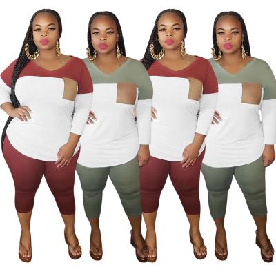 China QUICK DRY European and American Women's Large V-Neckline Multi Color Splicing 9 Point Big Sleeve 2 Piece Set for sale