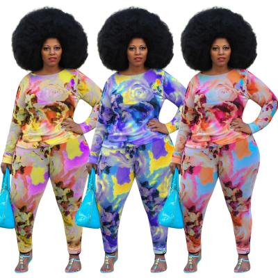 China European and American Women's Large Color Print Plus Size Long Sleeve Two Piece Set QUICK DRY for sale