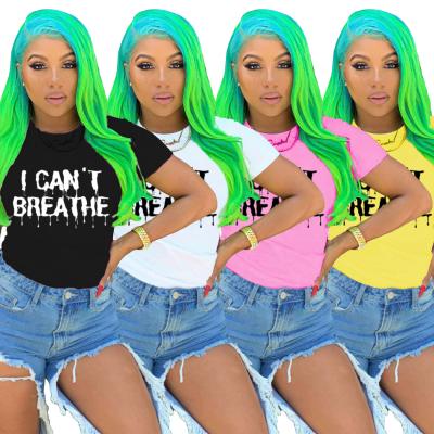 China Anti-wrinkle hot selling European and American women's solid color I can't breathe printed short sleeve T-shirt for sale