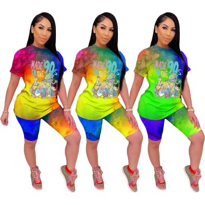 China Factory hot fashion QUICK DRY casual tie dye cartoon printed short sleeve shorts two sets sexy tie dye two piece sets for sale