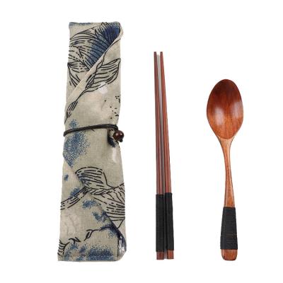 China Japanese Style Sustainable Wooden Chopsticks Spoon for Picnic Camping Office or Home Environmental Cutlery Set for sale