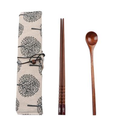 China Viable Cutlery Set Reusable Wooden Chopsticks Spoon with Carry Bag Exquisite Fabric and Environmental Cutlery Set for sale