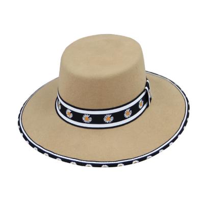 China Beautiful Striped Ribbon Flower Decoration Hat For Woman Lady Wool Felt Hat for sale