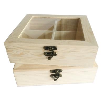 China Handmade Wooden Compartments Box With Wooden Glass Box Pine Lid Packaging Box for sale