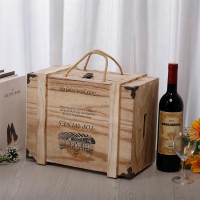 China Handmade Wooden Double Bottle Wine Crate With Rope Handle Wooden Wine Box for sale