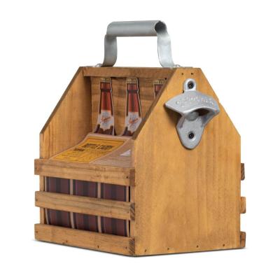 China Custom Antique Imitation Wooden Wine Bottle Cart Six Pack Beer Carrier with Metal Bottle Opener for sale