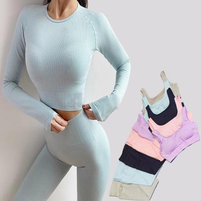 China Upper sets of crac gaiters! crack! Ropa Deportiva Workout High Waisted Gym Yoga Suit Long Sleeves Butt Breathable Seamless Ribbed Sport Bra for sale