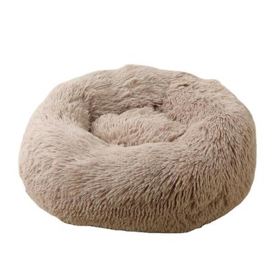 China 2022 Hot Selling Plush Souvenir Gift Light Coffee Color Round Shape Plush Dog Cat Pet Beds for sale