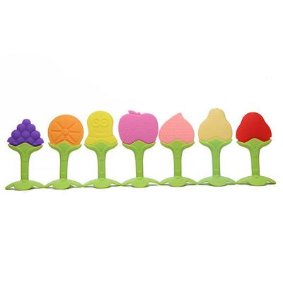 China Full Silicone Food Grade Soft Fruit Stick Teether Baby Bite Music Toy Fruit Teether for sale