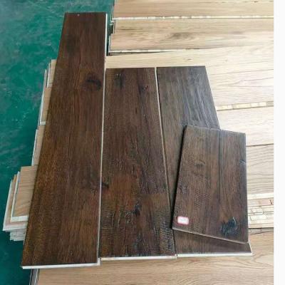 China Traditional hand-scrap and color distressed dark brown hickory engineered hardwood flooring for home for sale