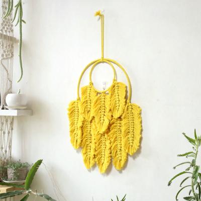 China Yellow Cotton Rope Macrame Wall Hanging Leaf Feather Tapestry Boho Woven Tapestry Porch Yellow Hanging Ornaments For Bedroom Living Room Apartment for sale