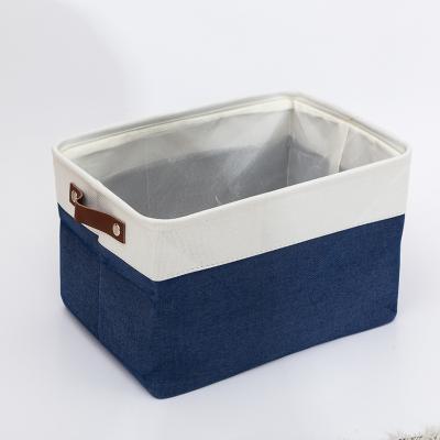 China Modern Rectangular Viable Storage Baskets Foldable Fabric Storage Baskets Trash Cans For Office Files Organizer With Leather Handles for sale