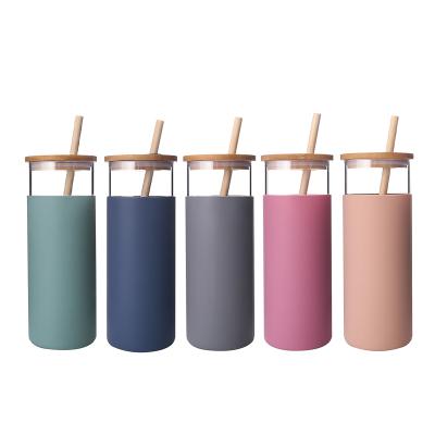 China Durable Bamboo Lid 480ml Silicone Glass Water Bottle Borosilicate Glass Sleeve Eco-Friendly Sustainable Tumbler With Straw for sale