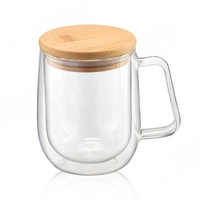 China Borosilicate Glass Coffee Mug Viable Clear Bamboo Lid Insulated Double Walled Glass Coffee Mugs for sale