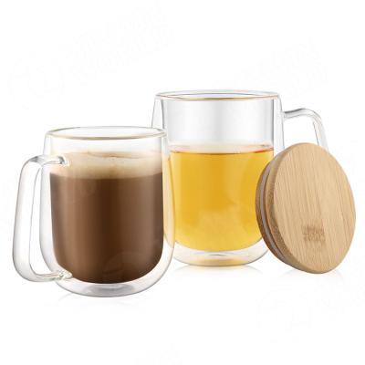 China Borosilicate Glass Sustainable Clear Coffee Mug Insulated Double Wall Glass Cup With Handle And Bamboo Lid for sale