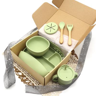 China Kids Children Dining Tableware Set Silicone Baby Bowl Suction Dish Bamboo Wooden Baby Fork And Feeding Spoon Set for sale