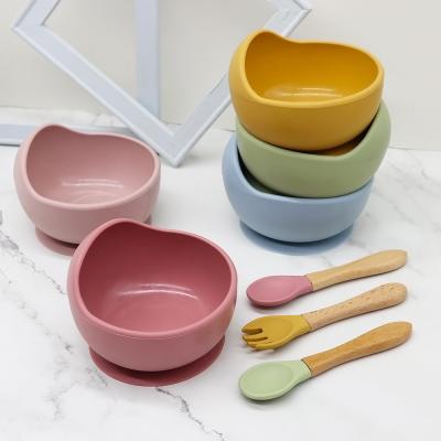 China Children's Nordic Silicone Baby Feeding Set Wooden Spoon Baby Bowls Toddler Suction Bamboo Bowl Infant Silicone Dish Set for sale