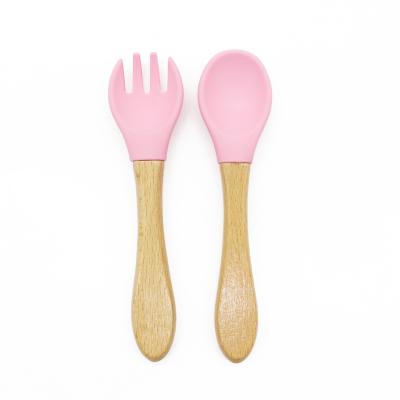 中国 Melikey Silicone Fork Silicone Feeding Spoon Baby Spoon BPA Toddler Beech Infant Wooden Handle Free Feeding Spoon 販売のため