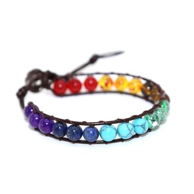 China Cute Natural Colorful Stone Beaded Braided Leather Rope Bracelet Jewelry For Women Men Healing Tree Of Life Silver Color Charm for sale