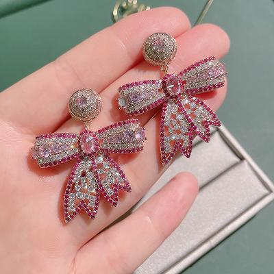 China Colorful Fashion Jewelry INS Champagne Crystal Dangle Drop Earrings Girls RETRO Bow Knot Earrings Big Pink Statement Earrings for sale