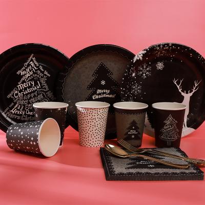 China Custom Reindeer Disposable Black Tree Tableware Christmas Paper Plate Christmas Dish Disposable Tableware Set for sale