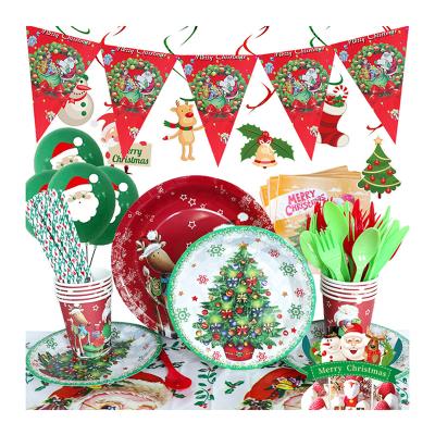 China Christmas Party Supplies Christmas Disposable Tableware Set Plates Cups Napkins Banner Party Tableware Christmas Party Supplies for sale