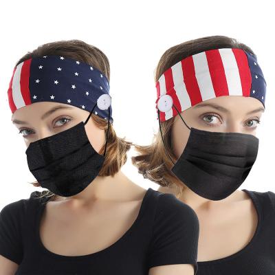 China USA Flag Pattern Sports Workout Hair Hanging Mask Wraps Elastic Headbands With Buttons For Nurse for sale