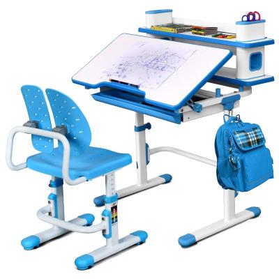 China Modern Blue Kids Desk and Chair Set Height Adjustable Kids Study Table Ergonomic Student Workstation with Large Storage Book Rack for sale